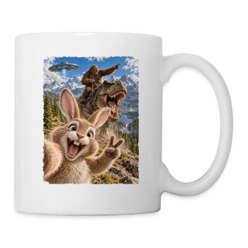Osterhase Selfie mit Bigfoot, T-Rex, UFO - Tasse - Weiß - Rechts