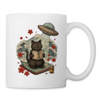 Katze liest Buch unter einem UFO - Tasse - Weiß - Rechts