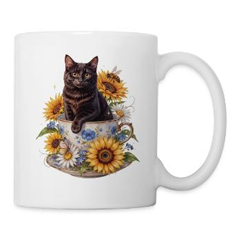 Schwarzer Kater in Teetasse mit Sonnenblumen - Tasse - Weiß - Rechts