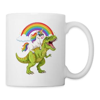 Einhorn reitet auf T-Rex unter Regenbogen - Tasse - Weiß - Rechts