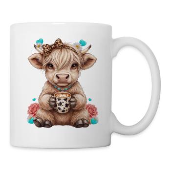 Hochlandrind Kalb mit Schleife und Kaffee - Tasse - Weiß - Rechts
