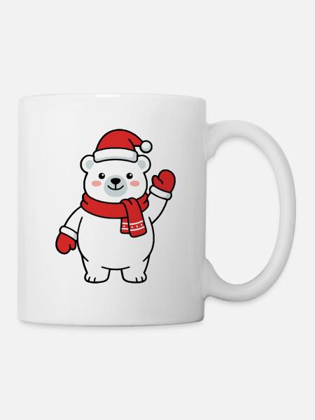 Niedlicher Kawaii-Eisbär winkt mit Weihnachtsmütze - Tasse - Weiß