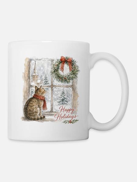Weihnachtskatze am Fenster mit Kranz - Tasse - Weiß