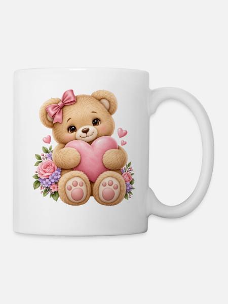 Süßer Teddybär mit rosa Herz - Tasse - Weiß
