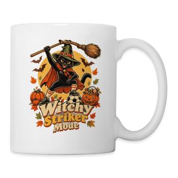 Hexen-Fußballkatze als frecher Halloween-Stürmer - Tasse - Weiß - Rechts