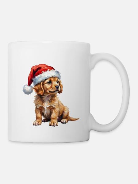 Süßer Welpe mit Weihnachtsmütze - Tasse - Weiß