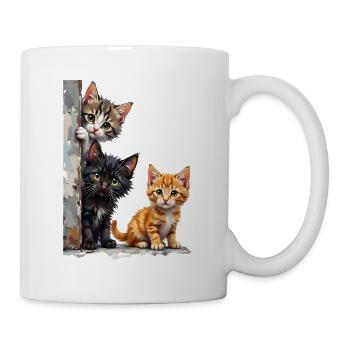 Drei neugierige Kätzchen schauen um die Ecke - Tasse - Weiß - Rechts