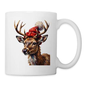 Hirsch mit roter Mütze – farbiger Winterlook - Tasse - Weiß - Rechts