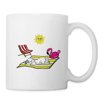 Pudelmotiv - weißer Pudel am Strand - Comicstyle - Tasse - Weiß - Rechts
