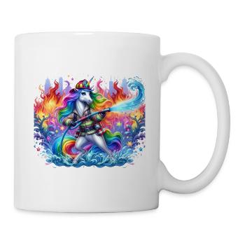 Lustiges Einhorn als Feuerwehrmann - Tasse - Weiß - Rechts