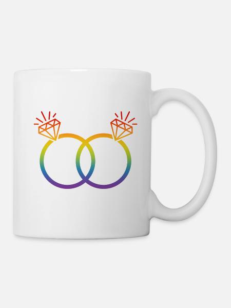 LGBT Eheringe Hochzeit JGA Paar Regenbogen Diamant - Tasse - Weiß