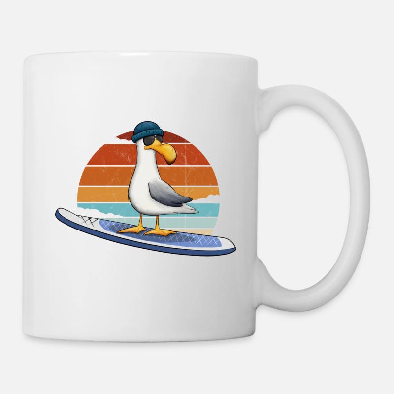 Rétro plage Surfeurs Oiseau Stand Up Paddle SUP Mouette - Mug blanc - blanc