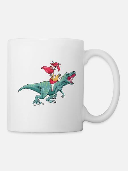 Einhorn reitet T-Rex - Tasse - Weiß