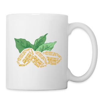 Kaffeebohne und Kaffeepflanze Wortwolke - Tasse - Weiß - Rechts