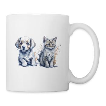 Aquarellmalerei eines niedlichen Welpen und Kätzchens - Tasse - Weiß - Rechts