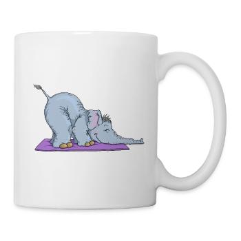Elefant übt die Vorwärstbeuge und singt das OM - Tasse - Weiß - Rechts