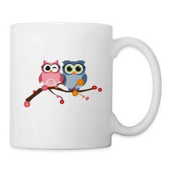 Two cute owls birds on a branch with flowers - Mug - white - Right