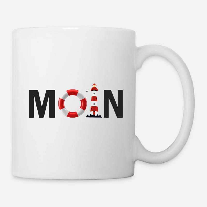 Moin mit dem Rettungsring und dem Leuchtturm Moin - Tasse - Weiß