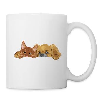 Guckende Ingwerkatze und Pekinesenhündin - Tasse - Weiß - Rechts
