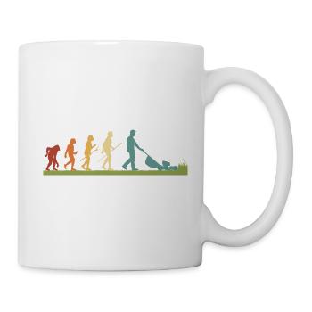Mann mäht Rasen EVOLUTION Kleingarten Rasenmäher - Tasse - Weiß - Rechts