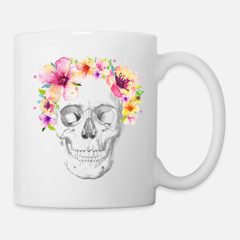 Totenkopf Schädel mit Blumen - Tasse - Weiß