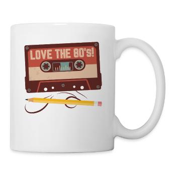 Love the 80s - Kassette mit Bleistift - Geschenk - Tasse - Weiß - Rechts