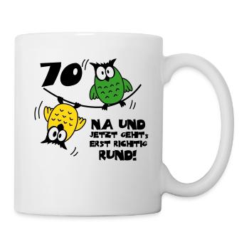 70 birthday, owls on the wire rope, round - Mug - white - Right