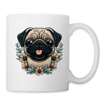 Fröhlicher Mops mit Blumen Hunde Besitzer Lustig - Tasse - Weiß - Rechts