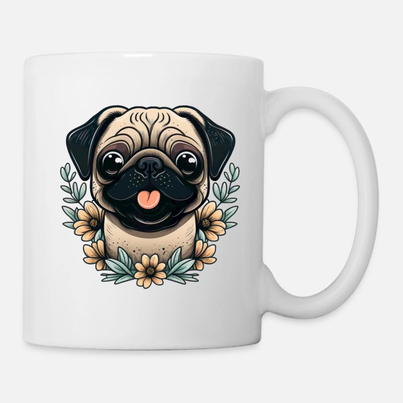 Fröhlicher Mops mit Blumen Hunde Besitzer Lustig - Tasse - Weiß