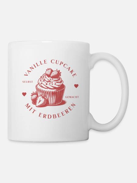 Vanille Cupcake mit Erdbeeren, Oberteil/Accessoire - Tasse - Weiß