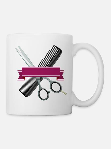 Hairdressing scissors with comb and purple ribbon - Mug - white