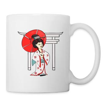 Geisha with parasol and Japanese temple - Mug - white - Right