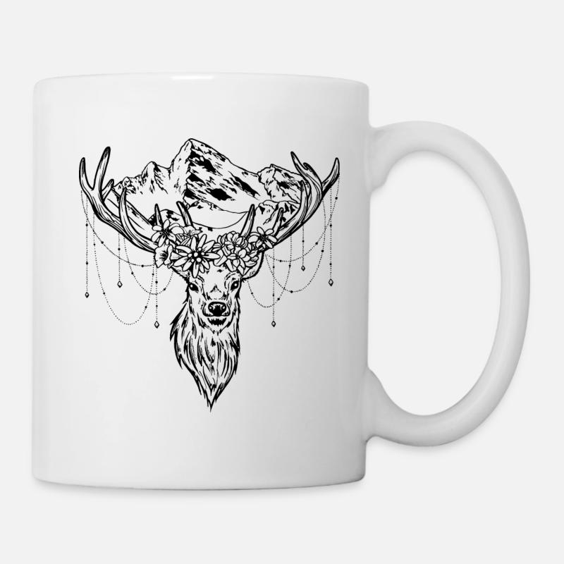 Hirsch mit Berge und Bergblumen - Tasse - Weiß