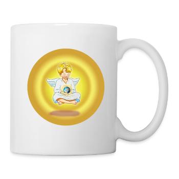 Engel mit Erde in der Hand Hintergrund Gold - Tasse - Weiß - Rechts
