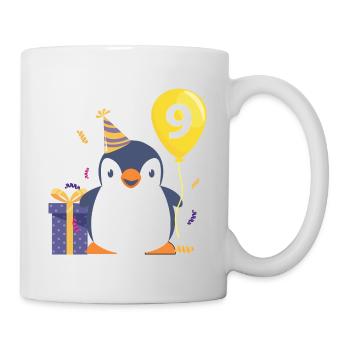 Pinguin mit Luftballon und Geschenk 9.Geburtstag - Tasse - Weiß - Rechts