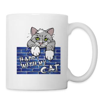 Süßes Katzenmotiv - Mauer mit Kater im Comicstyle - Tasse - Weiß - Rechts