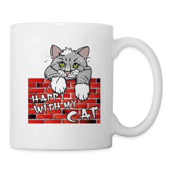 Süßes Katzenmotiv - Mauer mit Kater im Comicstyle - Tasse - Weiß - Rechts