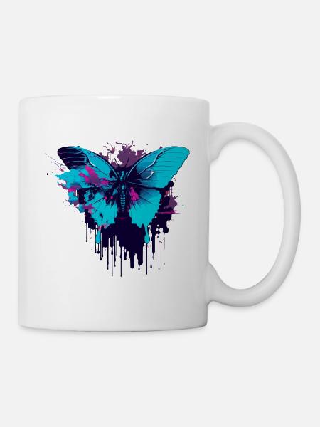 Blauer Vaporwave Schmetterling - Tasse - Weiß