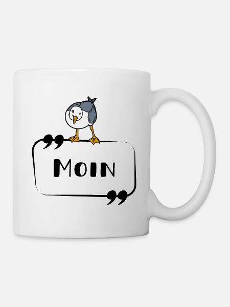 Moin Möwe neugierig norddeutsch Schriftzug - Tasse - Weiß