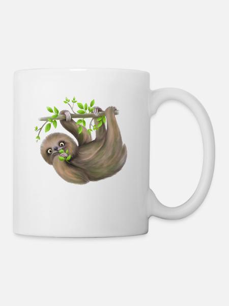 Sloth chills on branch and eats leaves - Mug - white