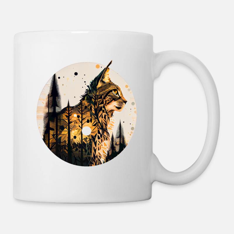 Luchs mit Mond im Wald mit Muster - Tasse - Weiß