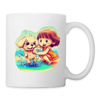 Chiot et fille jouant dans l’eau sur la plage - Mug blanc - blanc - Droite