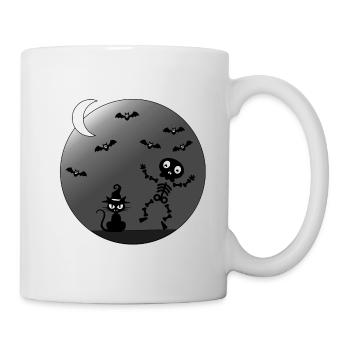 Spuknacht mit Fledermäusen, Katze und Skelett - Tasse - Weiß - Rechts