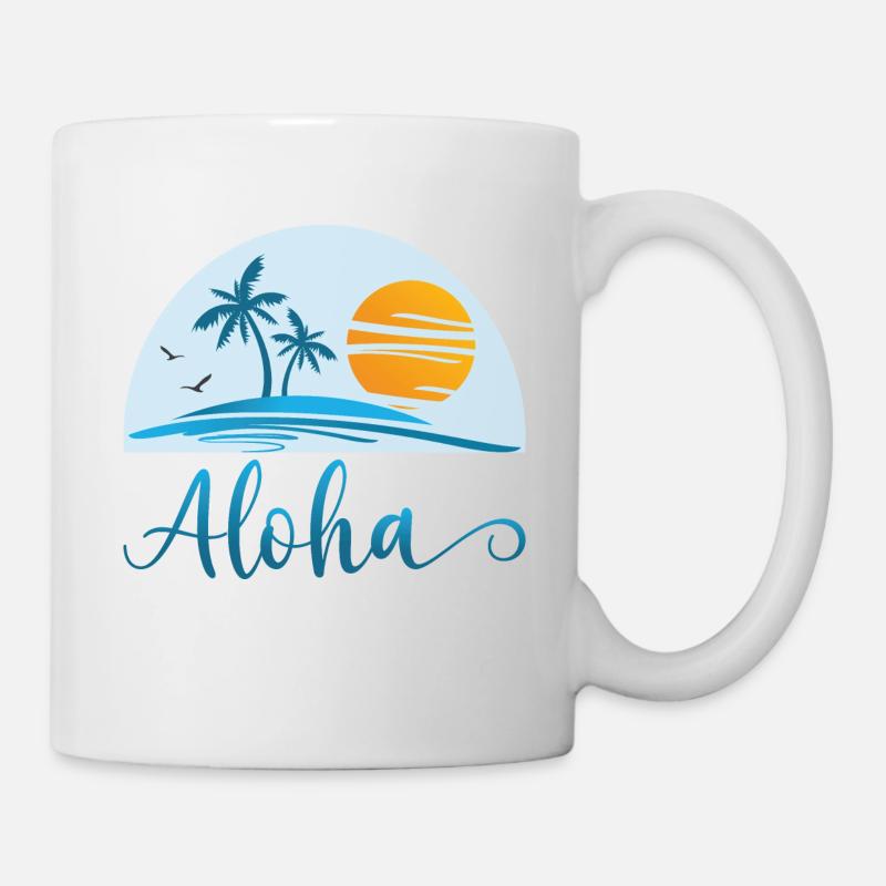 Aloha Surfing Hawaii Surfer Beach Palm Tree Sun - Mug blanc - blanc
