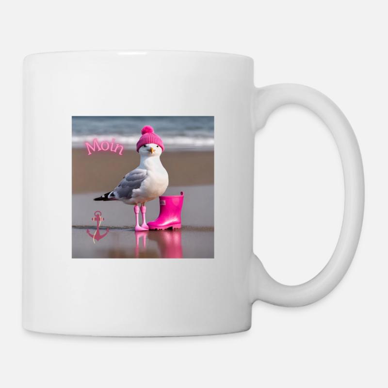 Moin Gute Laune Kaffeebecher mit farbenfroher Möwe - Tasse - Weiß