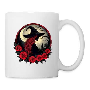 Hexe mit roten Haaren, Schloss, Mond, Fledermäusen - Tasse - Weiß - Rechts