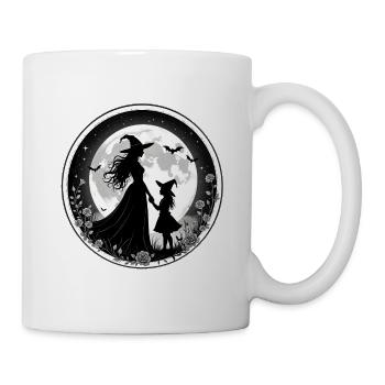 Hexe mit junger Hexe und Fledermäusen vorm Mond - Tasse - Weiß - Rechts
