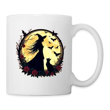 Hexe mit Katze, Vollmond, Rosen und Fledermäusen - Tasse - Weiß - Rechts