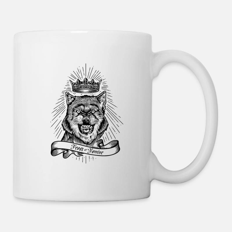 "Fest oder Hunger" gekrönter Wolf - Tasse - Weiß