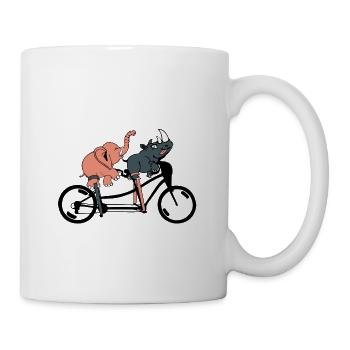An elephant and a rhinoceros ride a bicycle - Mug - white - Right